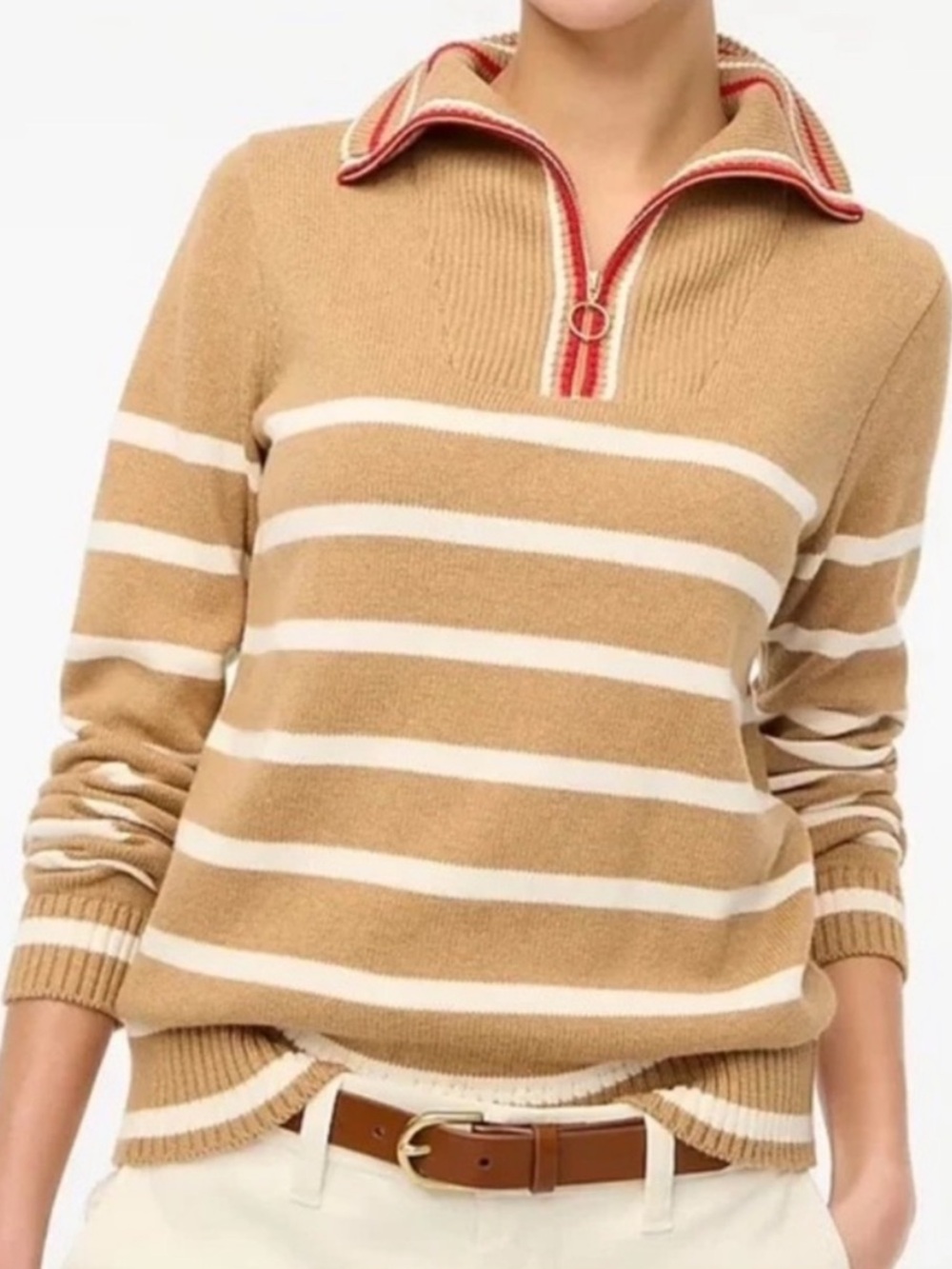 J. Crew Factory Women’s Striped Half-Zip Pullover Sweater Neutral Brown Medium